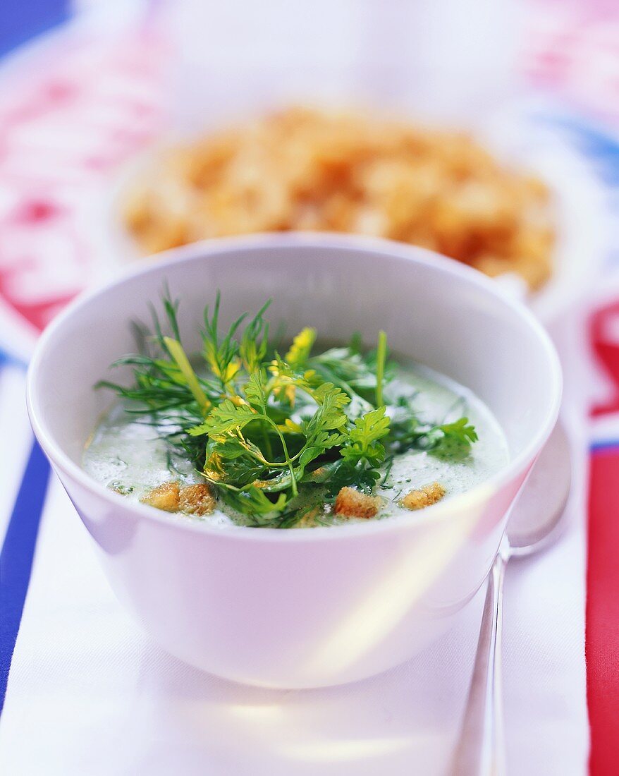 Herb soup with croûtons