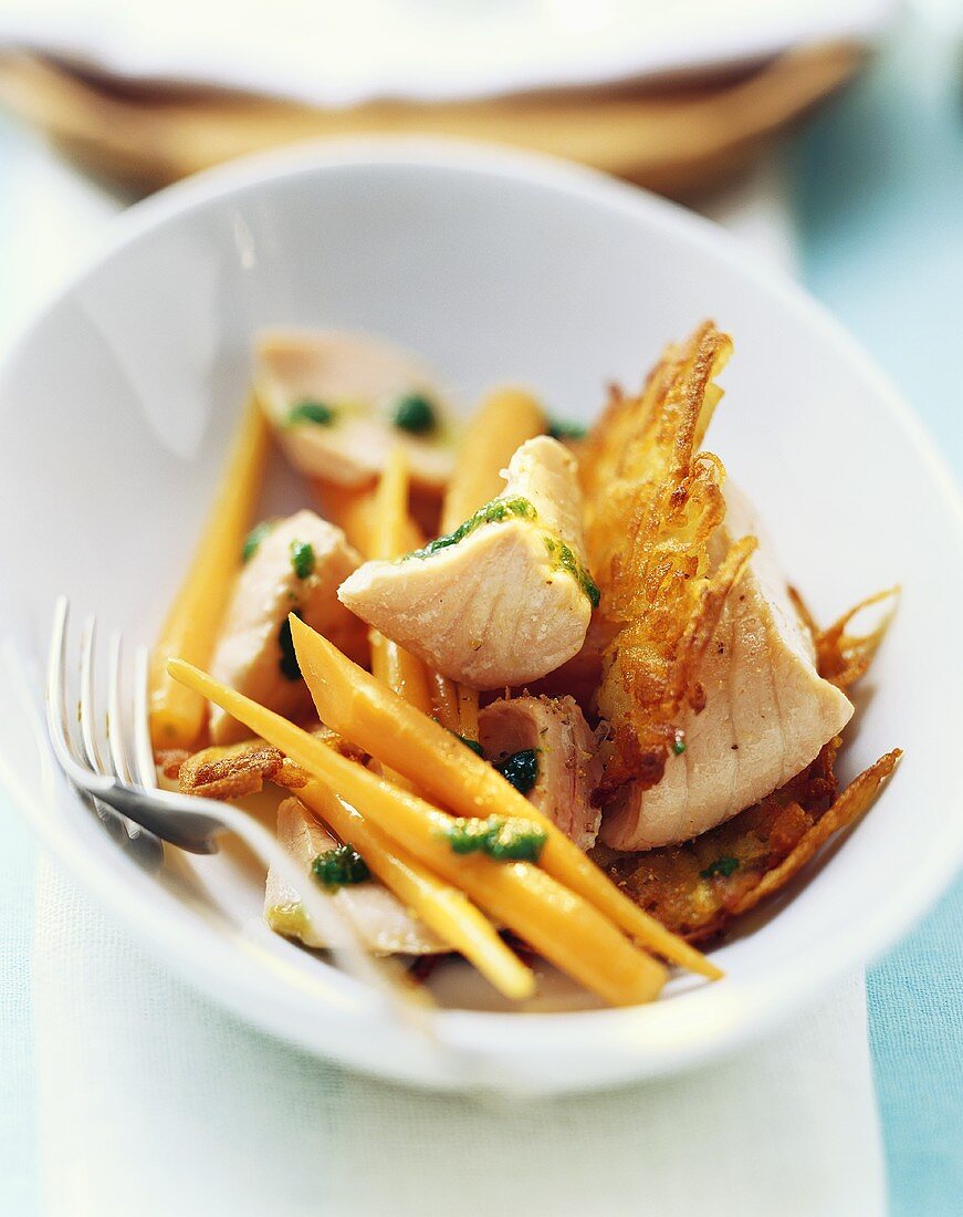 Wild salmon with carrots and ramsons (wild garlic) oil