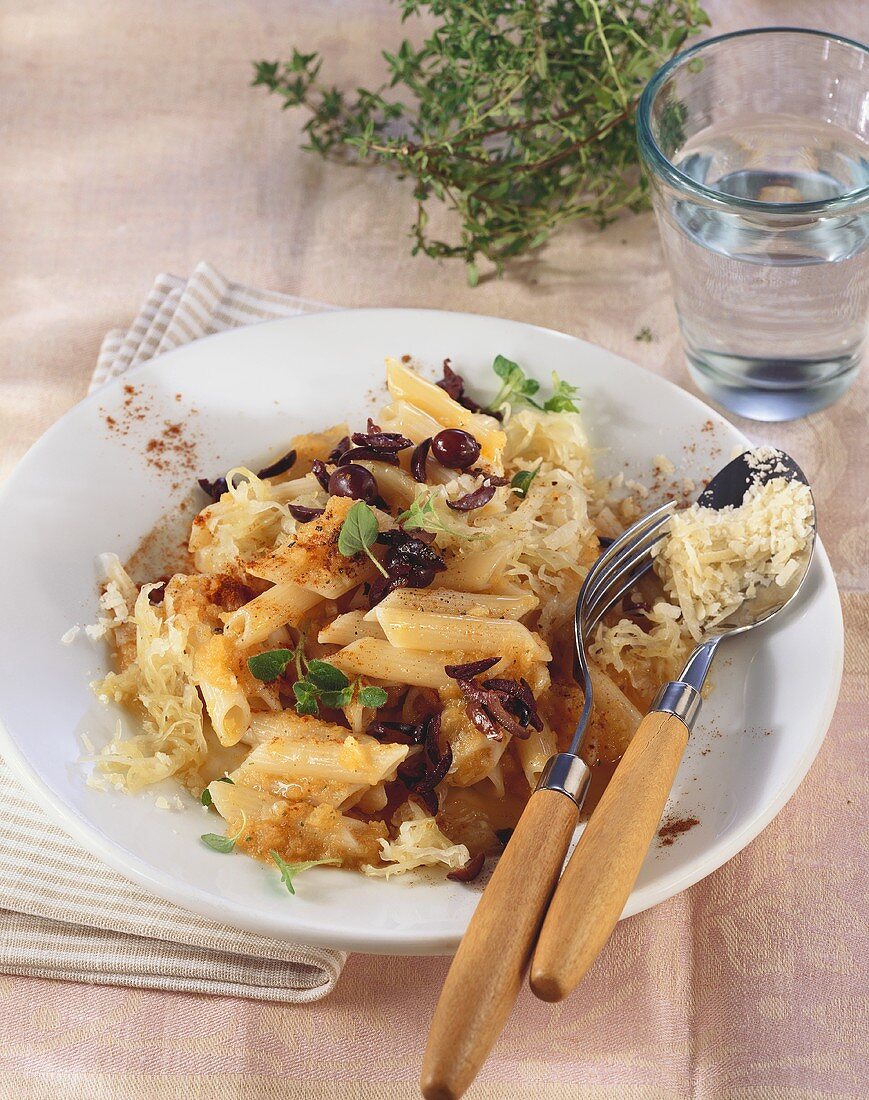 Pasta with pumpkin and sauerkraut sauce