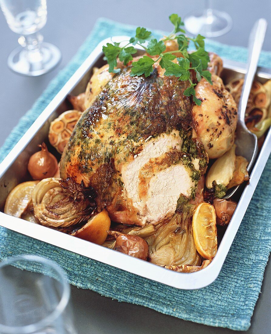Roast chicken with fennel, lemon and ginger