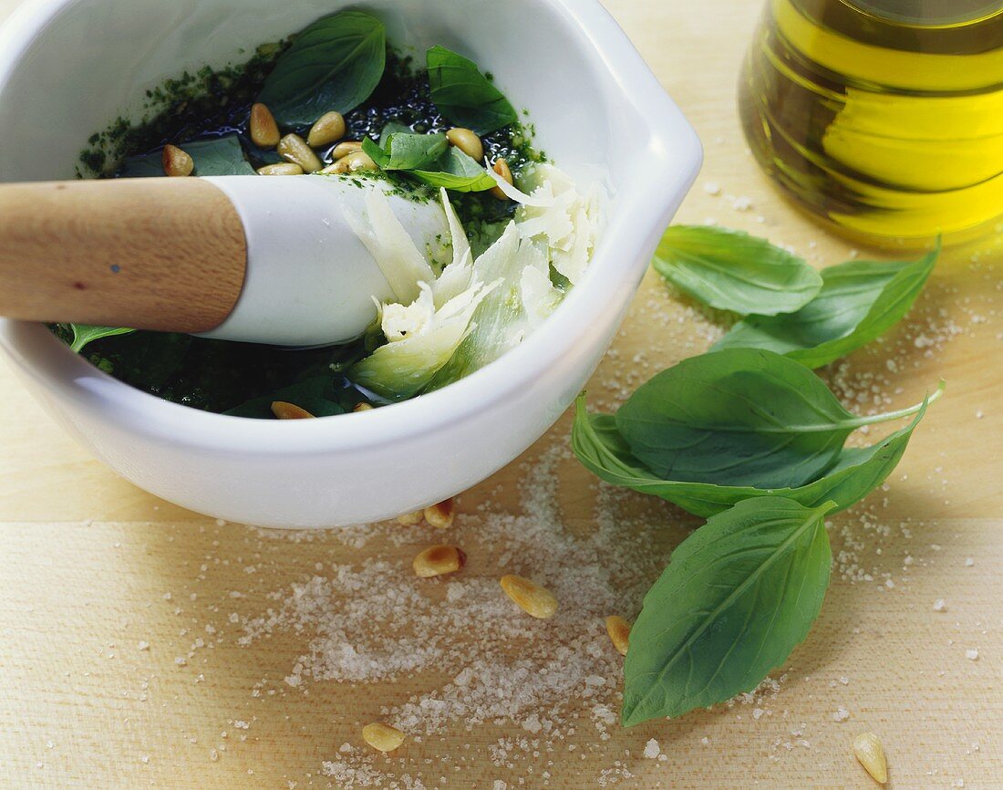 Pesto ingredients in a mortar