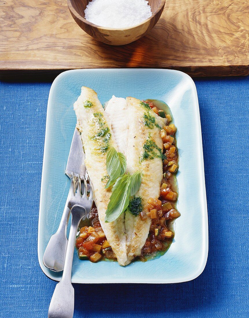 Fried sole with ratatouille sauce