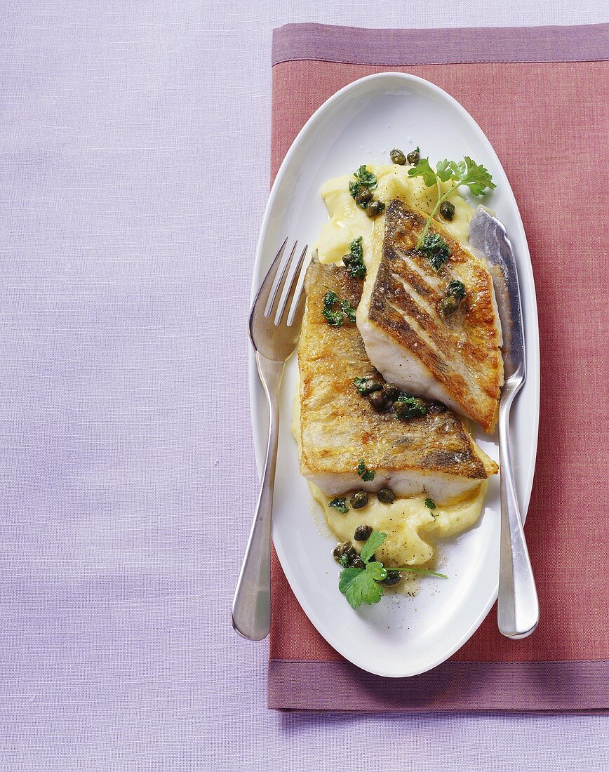 Fried zander with capers on mashed potato and celeriac