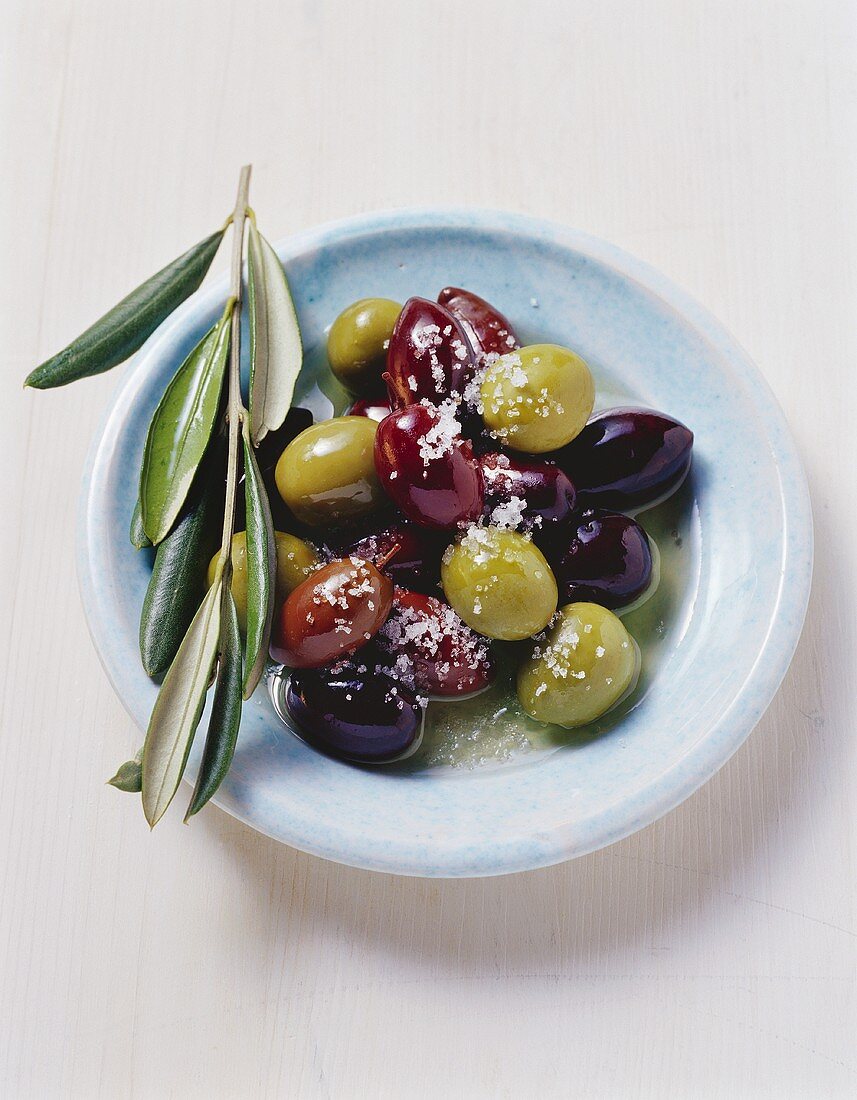 Oliven mit Olivenzweig auf Teller