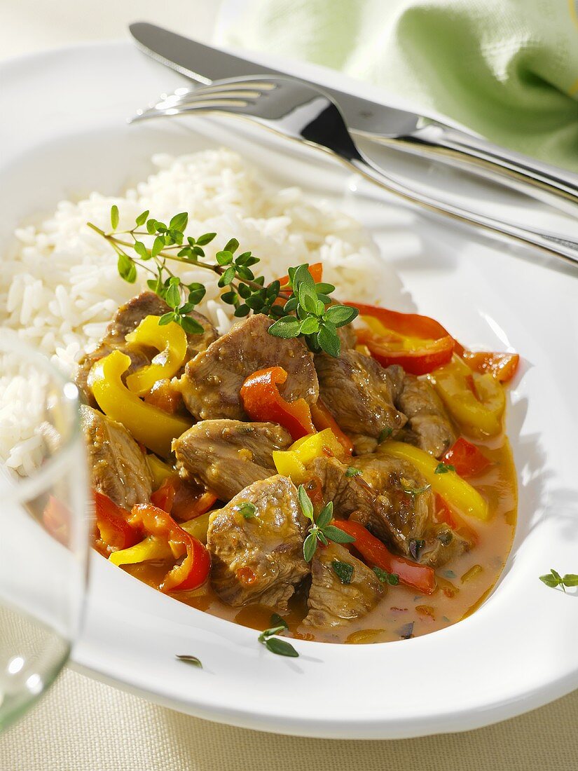 Lamb and pepper ragout on rice