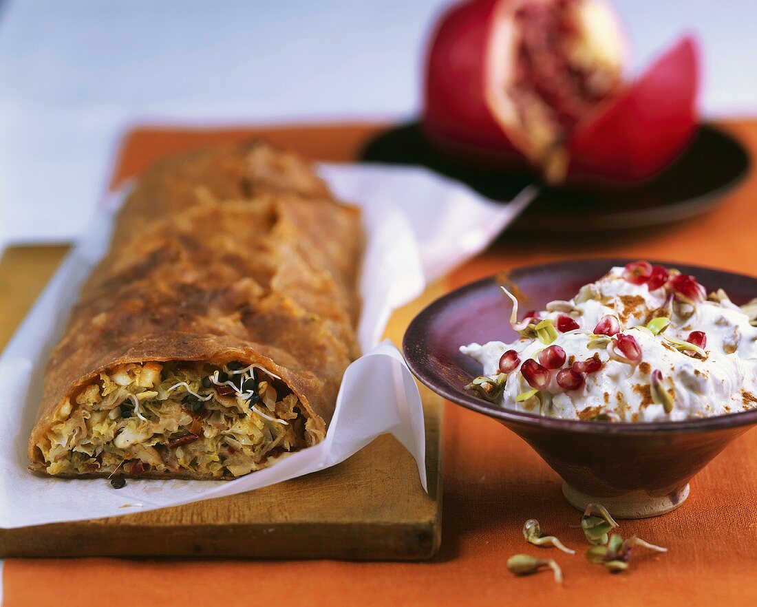 Savoy strudel with sprouts & pomegranate dessert with sprouts