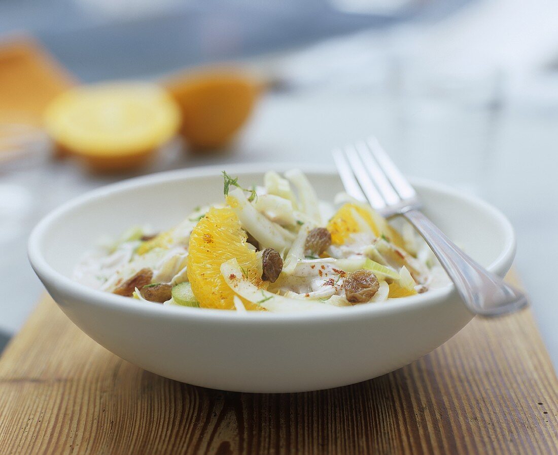 Orange & fennel salad with raisins, ginger & cinnamon dressing