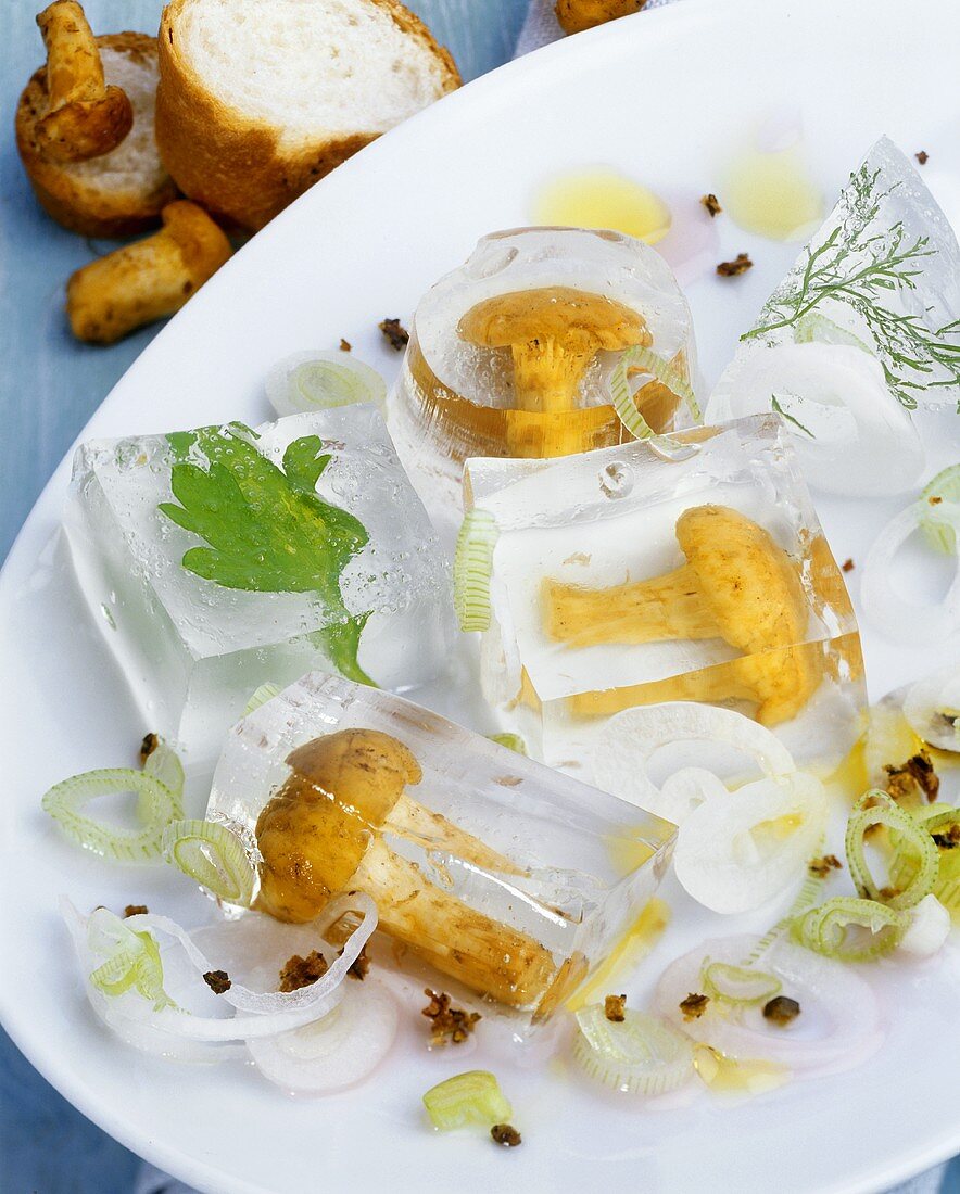 Chanterelles in jelly with spring onion vinaigrette