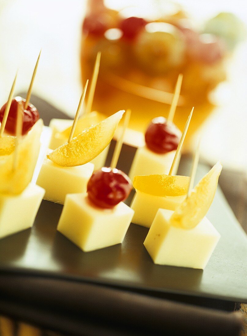 Cheese and fruit on cocktail sticks