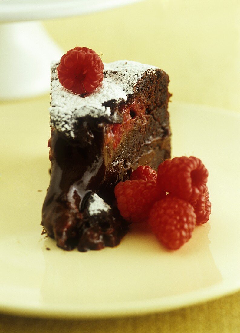 Piece of chocolate cake with raspberries
