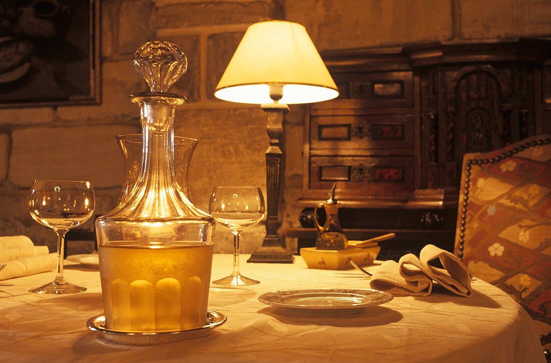 Laid table with subdued lighting in a restaurant