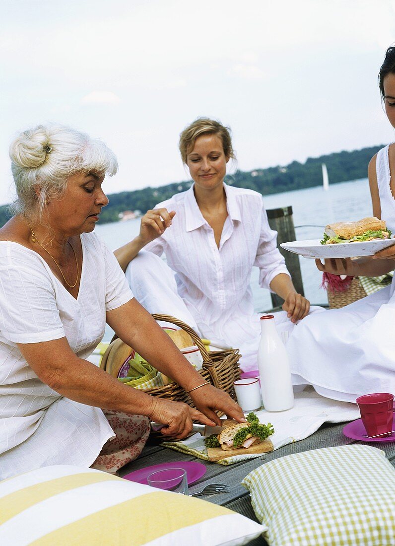 Three women picnicking on a landing stage