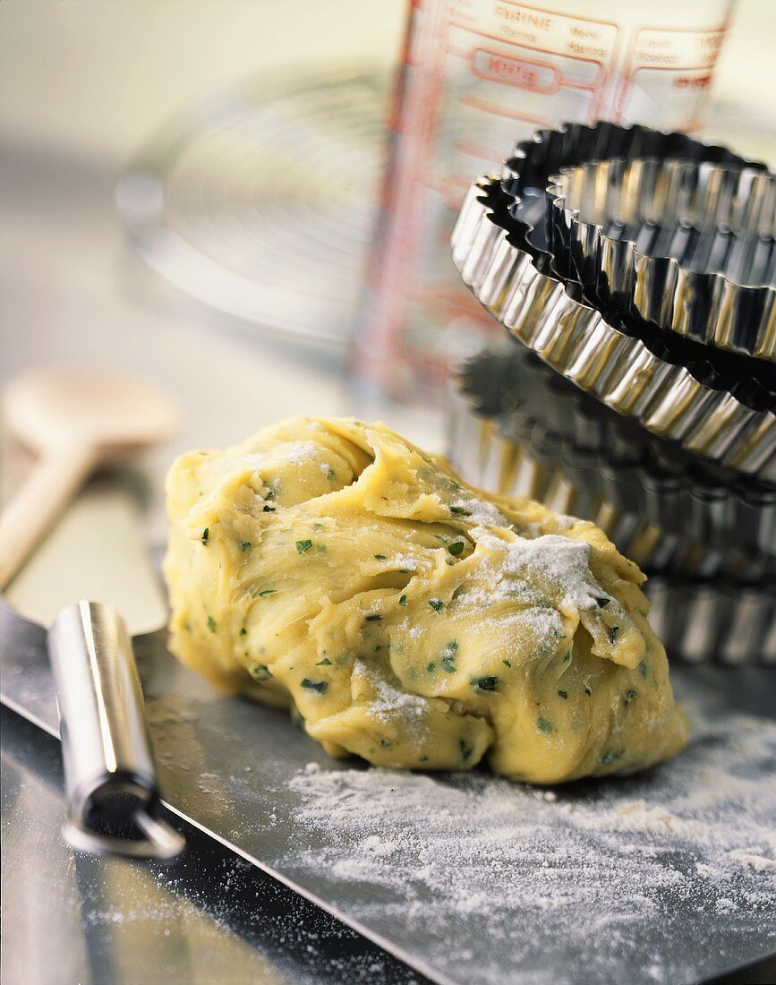 Herb pastry and various baking utensils