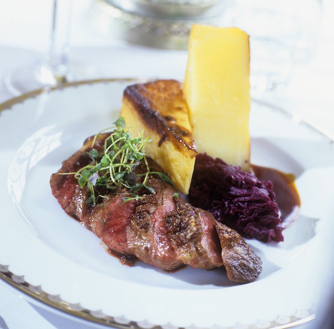 Roast duck breast with red cabbage