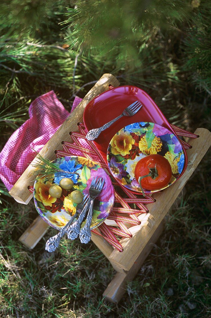 Picnicware, tomato and olives on folding stool in grass