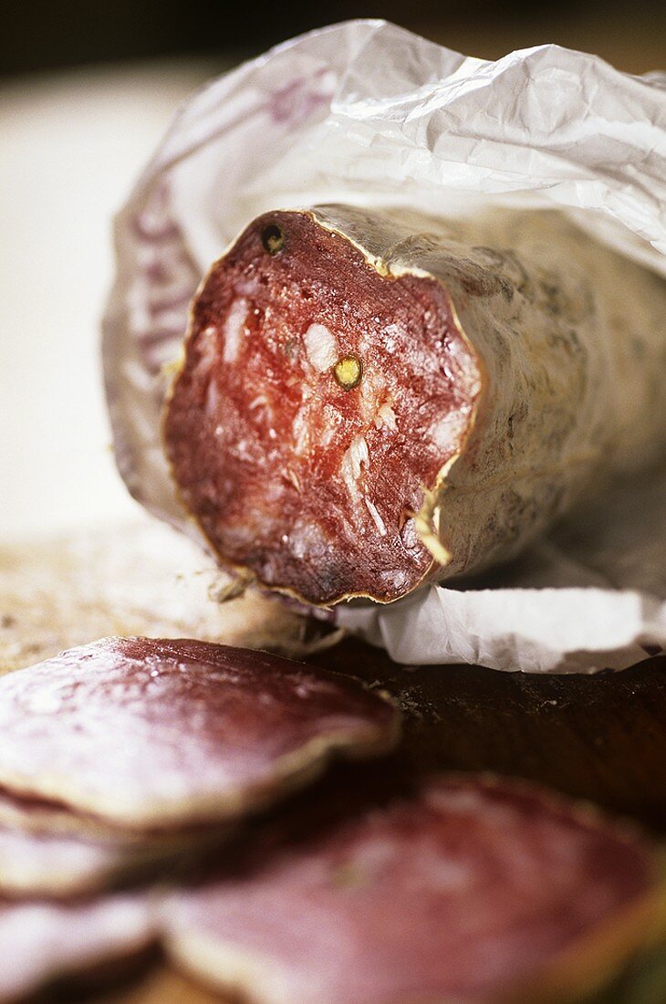 French salami, partly sliced