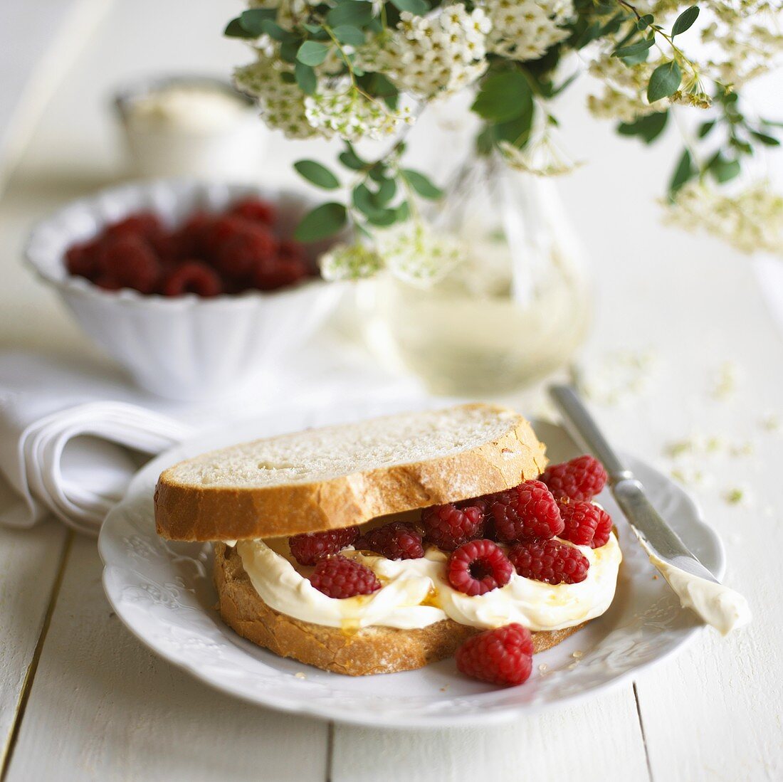 Soft cheese and raspberry sandwich