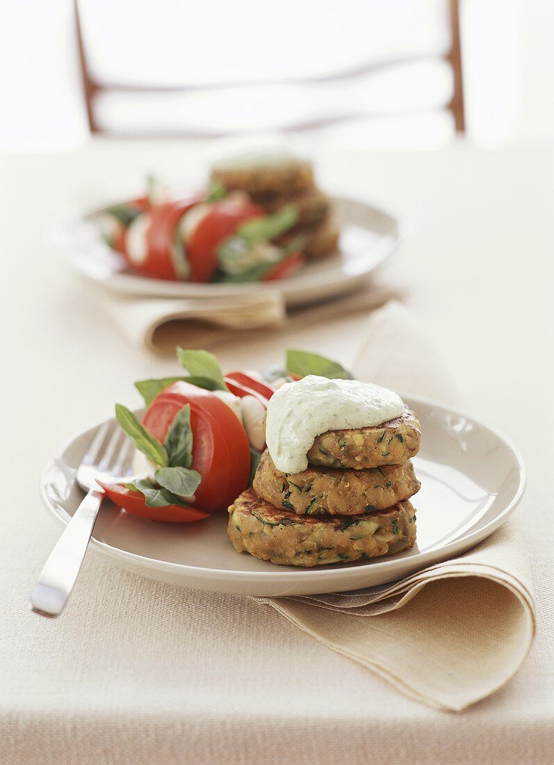 Onion and lentil cakes with minted yoghurt