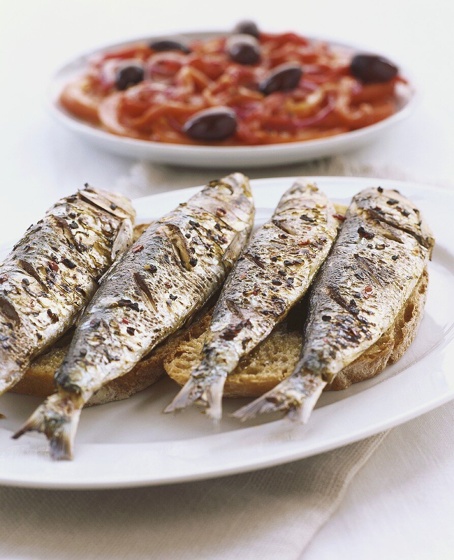 Grilled sardines on farmhouse bread (Bauernbrot)