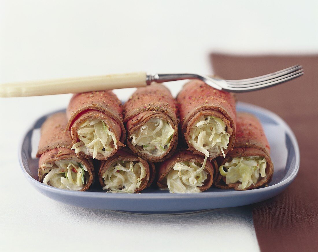 Roast beef rolls with cabbage salad