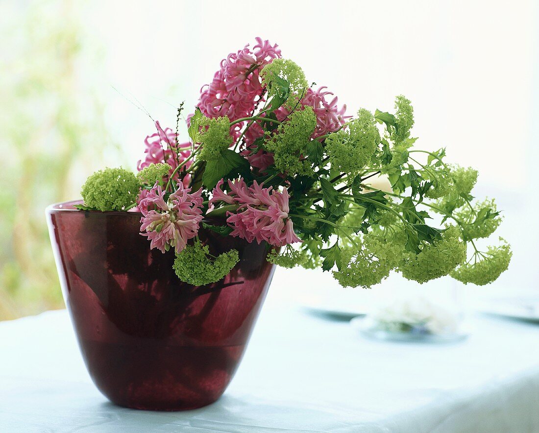 Bunch of hyacinths and viburnum in cache-pot