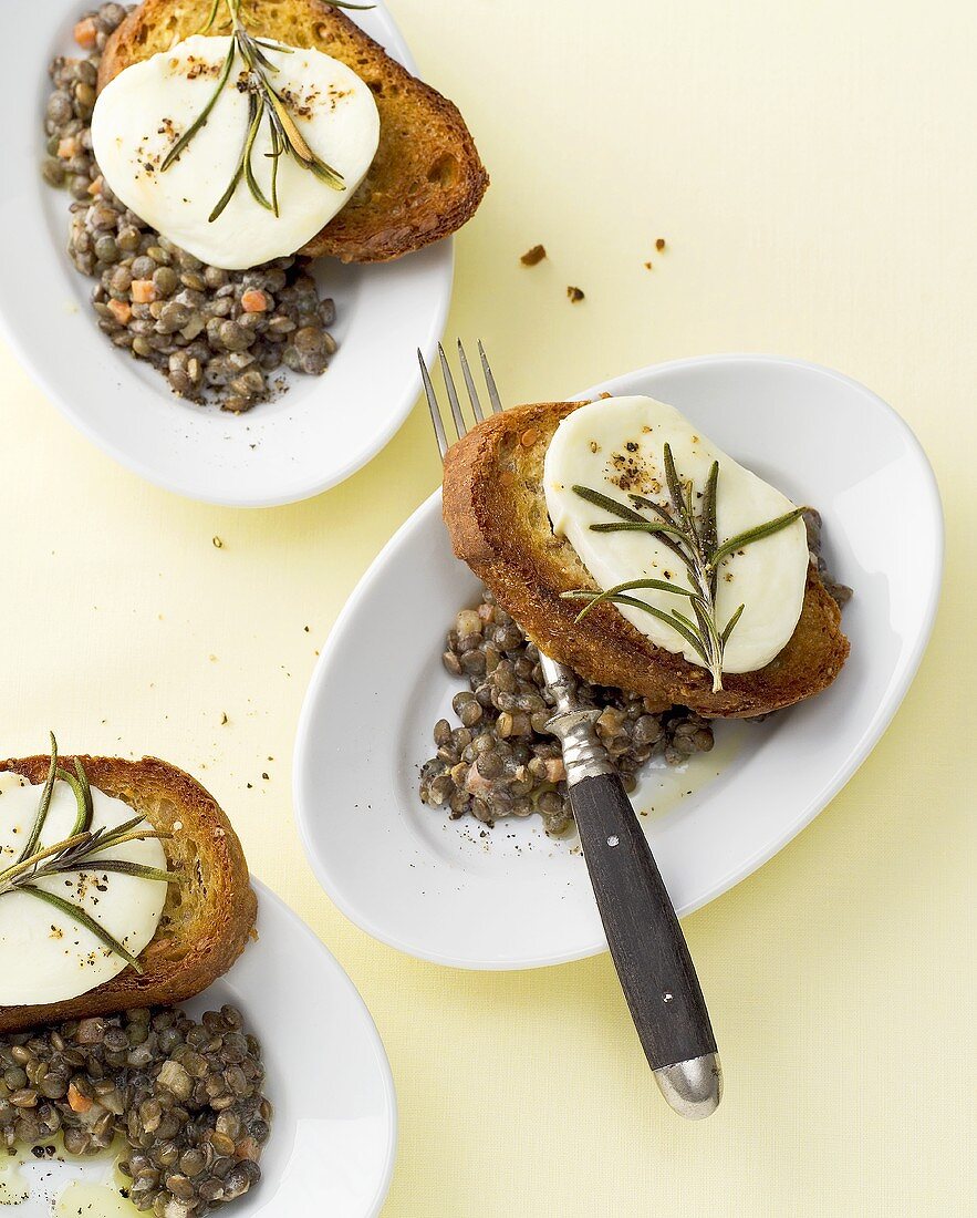 Lentil salad with mozzarella bruschetta