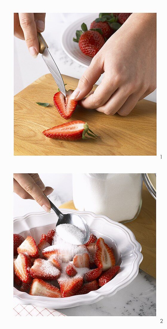 Hulling strawberries and sprinkling with sugar