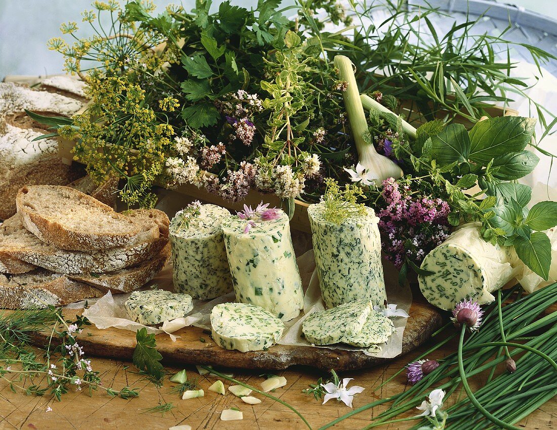 Various herb butters and bread