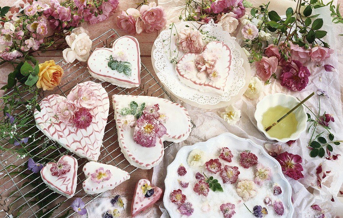 Heart-shaped cakes with rose decorations