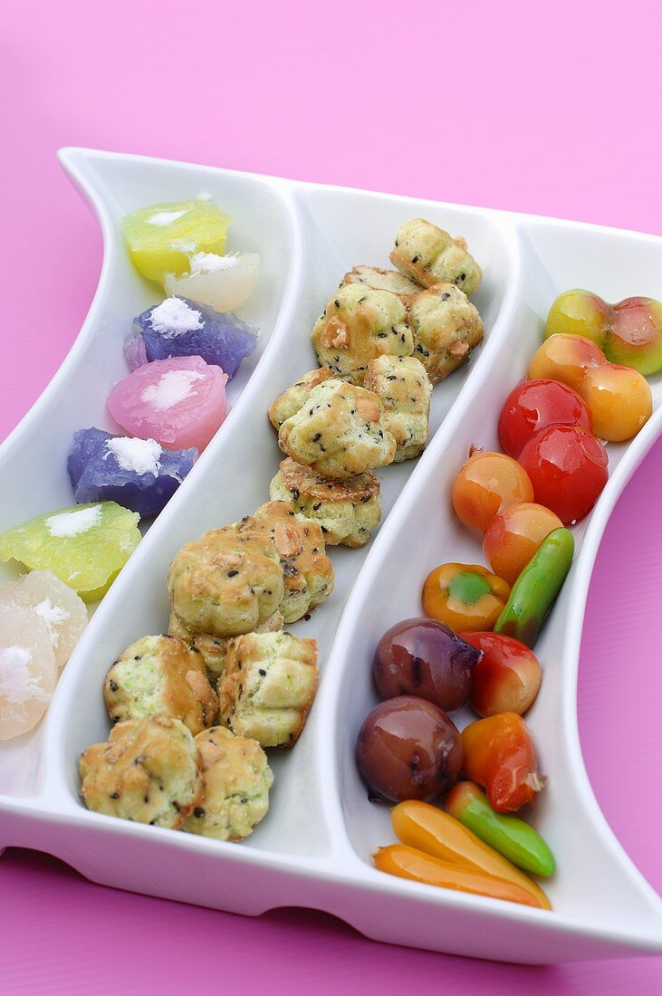 Assorted sweets and nibbles in a dish