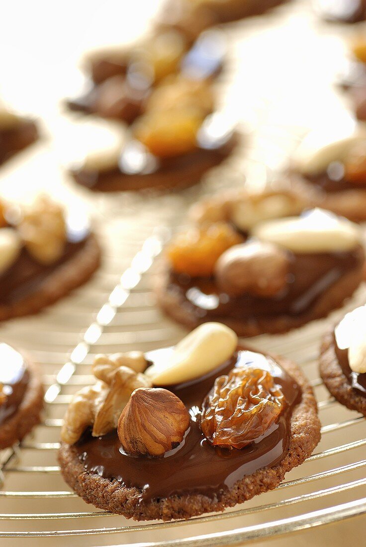 Chocolate biscuits with nuts and raisins