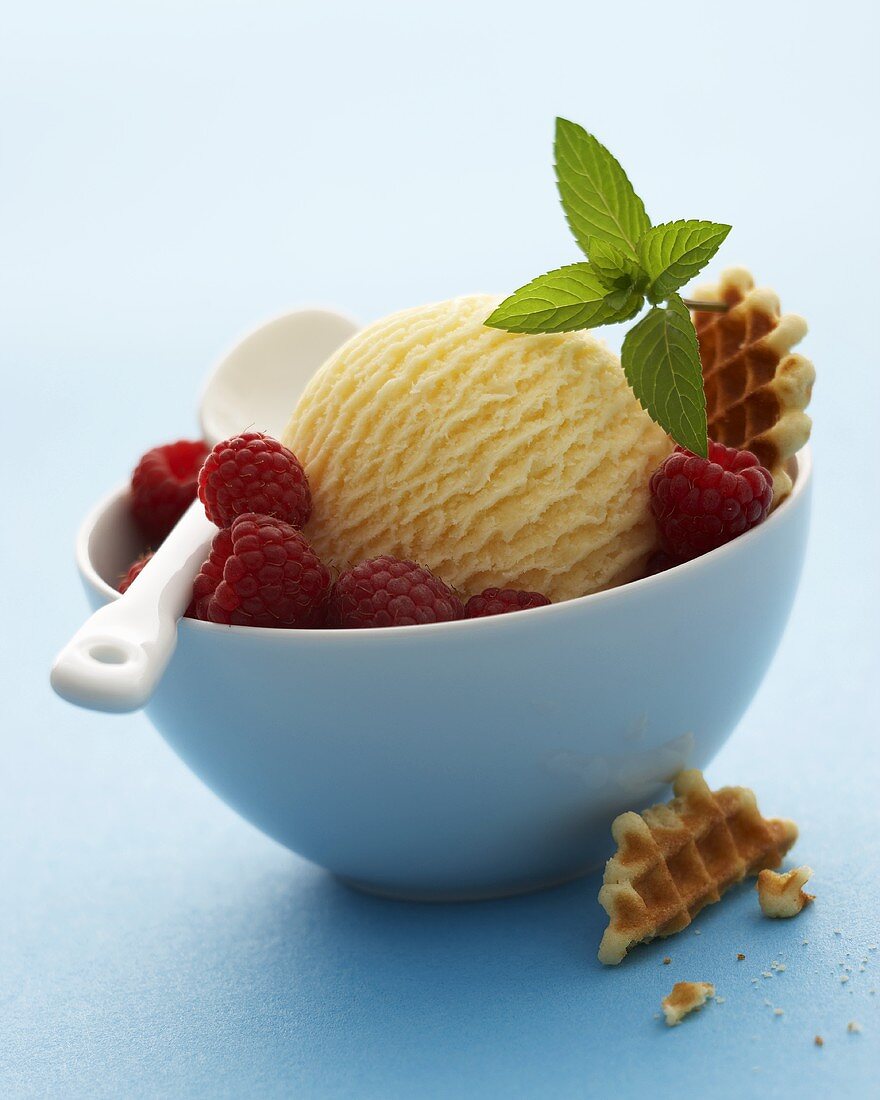 Vanilla ice cream with raspberries