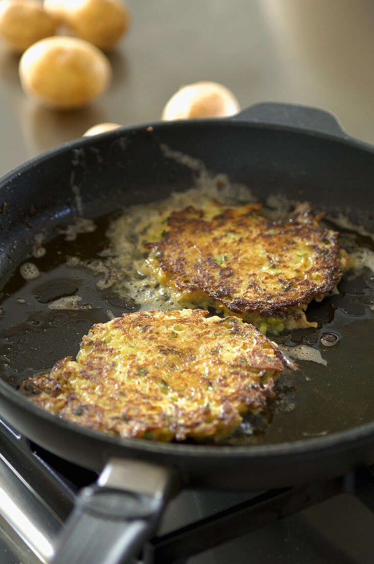 Potato Pancakes in a Frying Pan