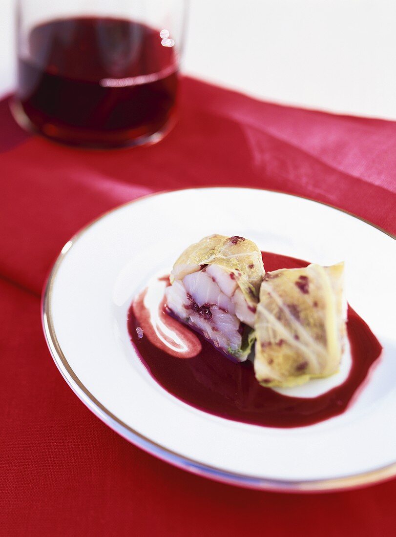 Cod wrapped in savoy cabbage leaf with red wine butter