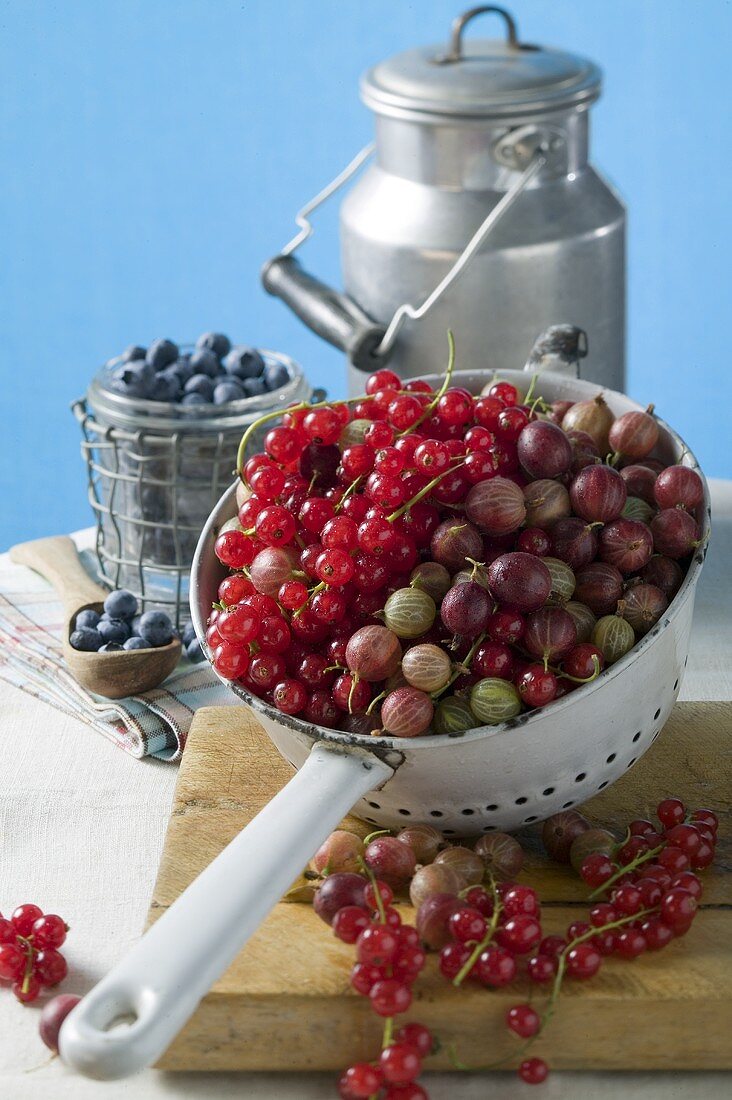 Mixed berries in strainer with milk can
