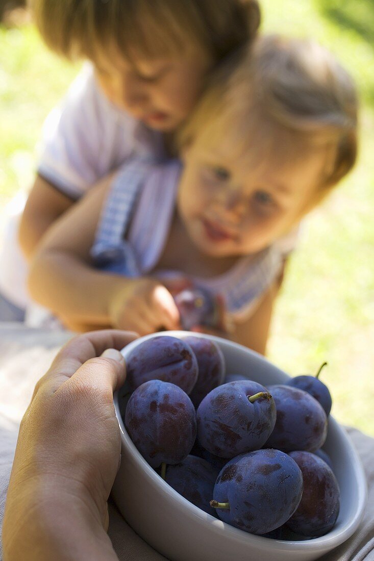 A bowl of plums, children in the background