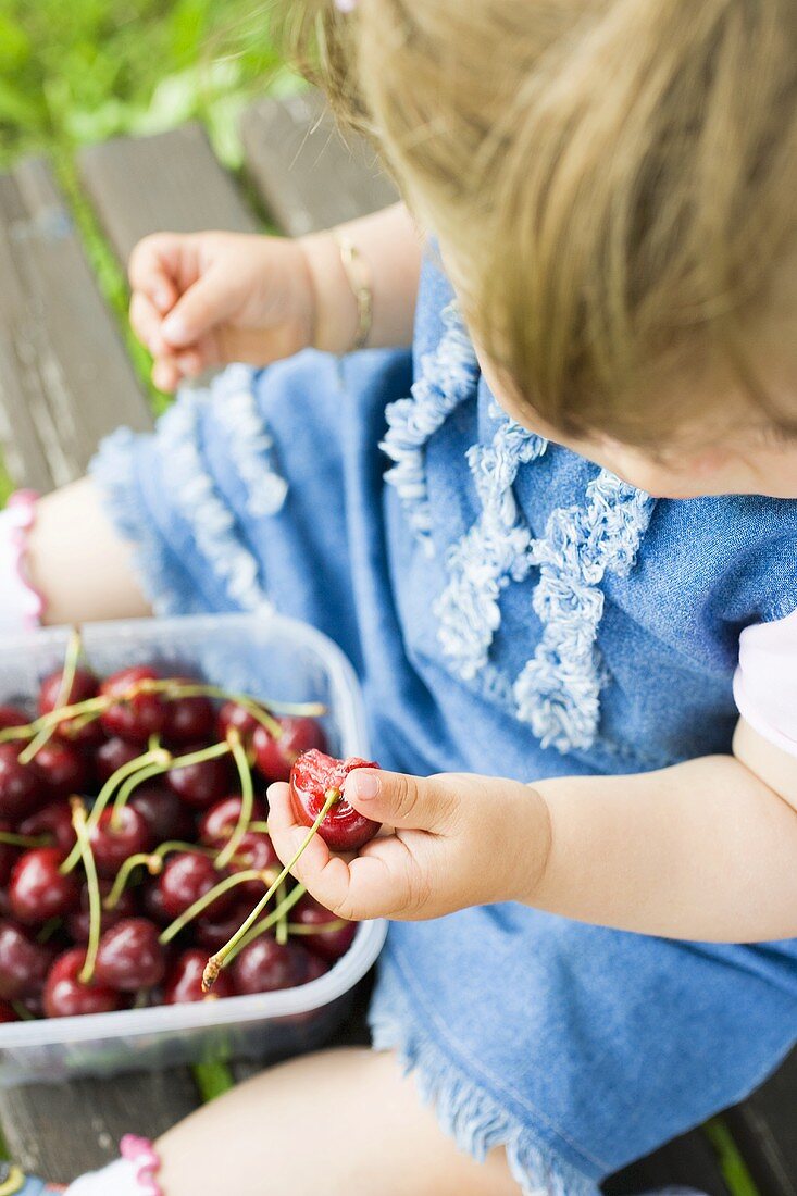 Small girl with a punnet of cherries