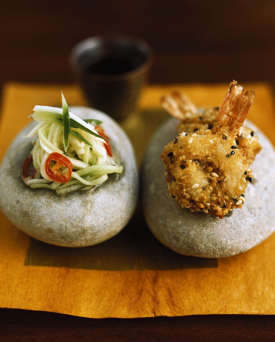 Sesame shrimps with green mango salad