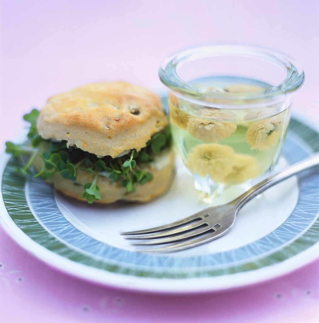 Scone with watercress and flower jelly