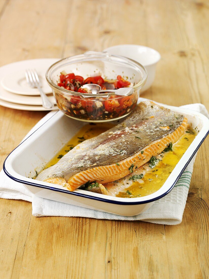 Fried sea trout with tomato salad