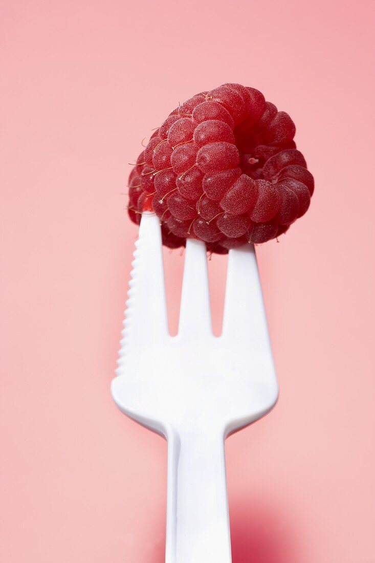 A raspberry on a plastic fork