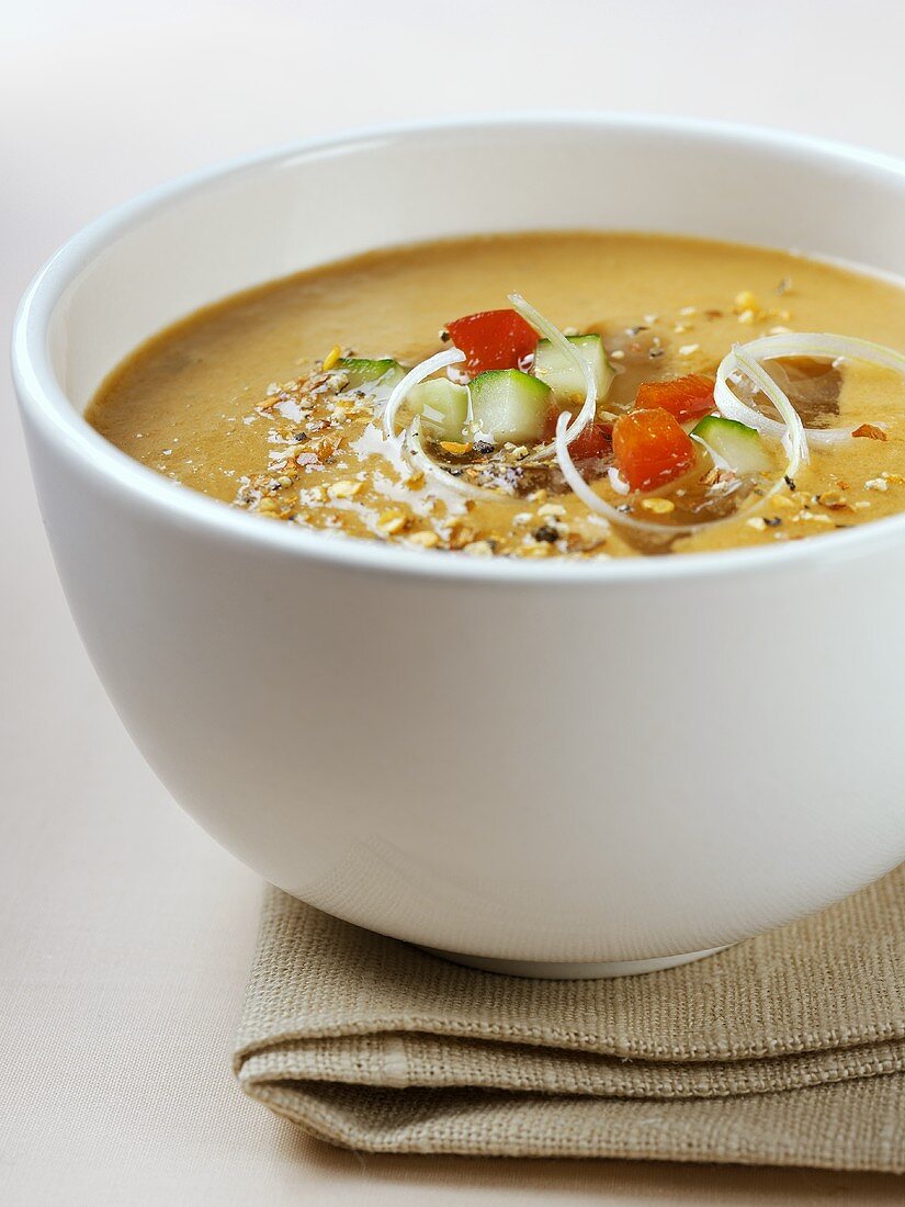Gazpacho (cold tomato and vegetable soup) in soup bowl