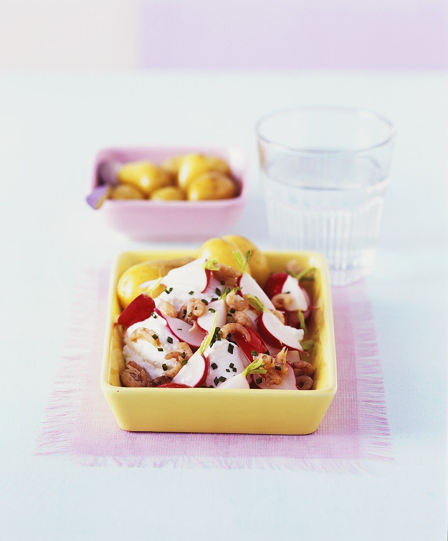 Potato salad with radishes and shrimps