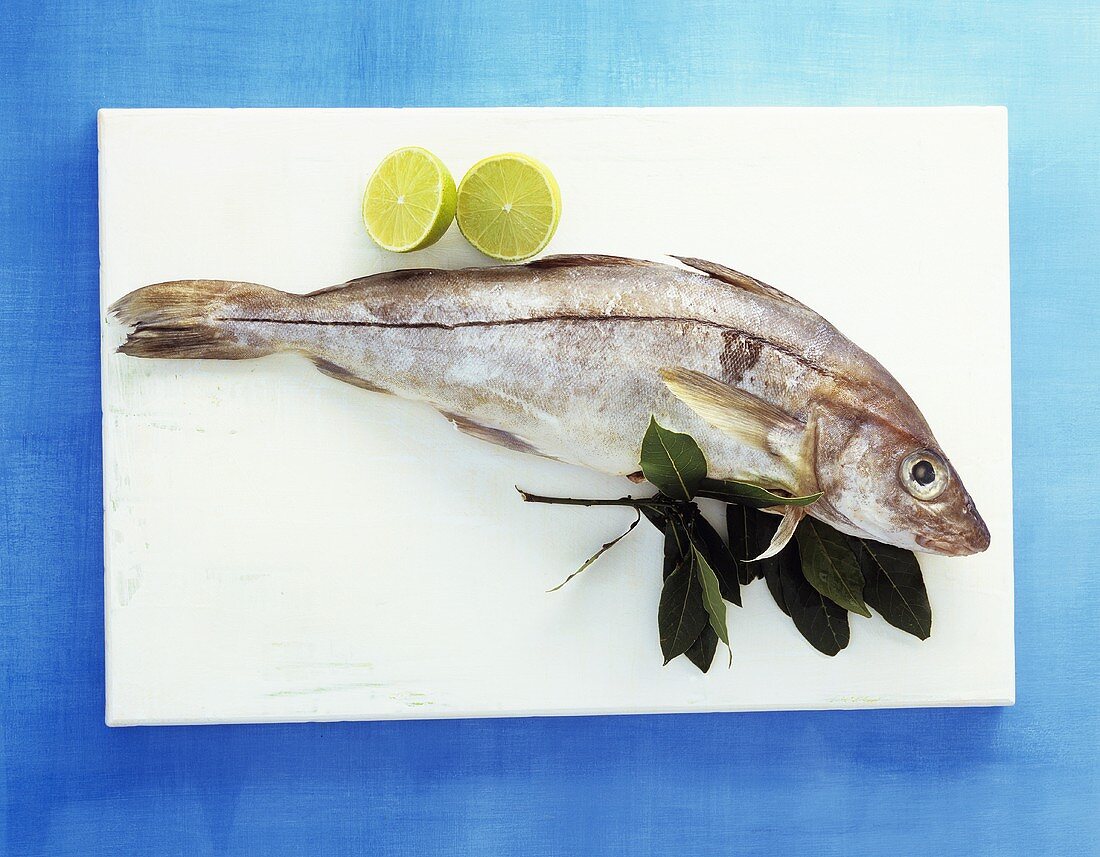 A haddock with lime and sprig of bay on kitchen board