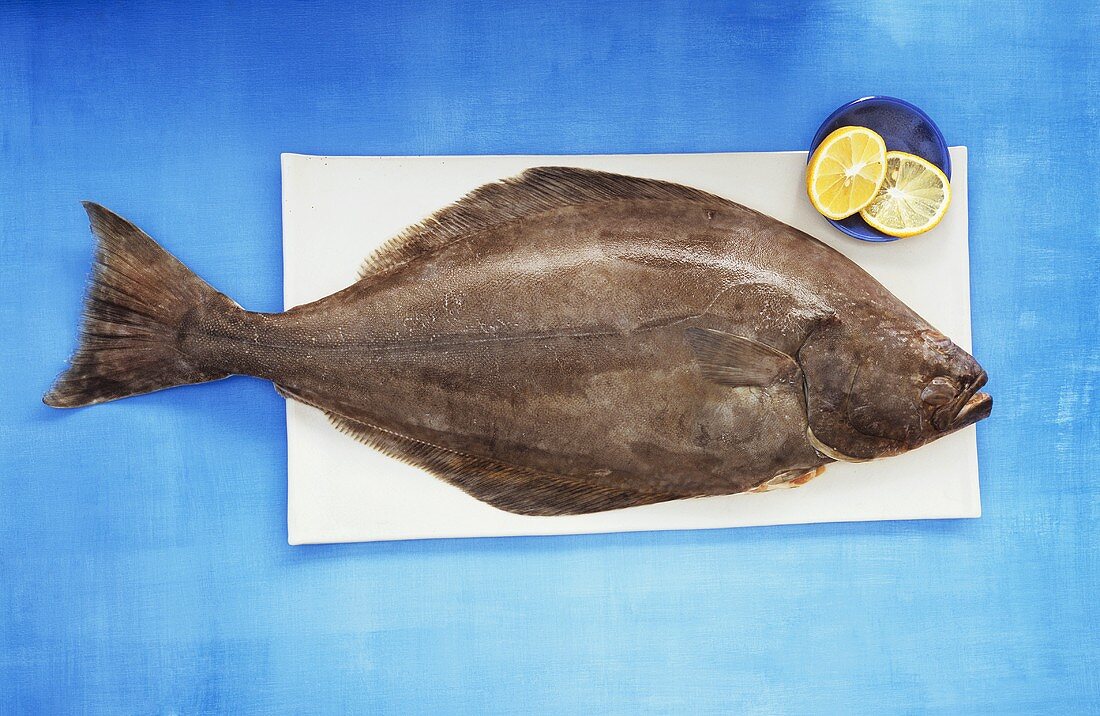 A halibut with halved lemon on board