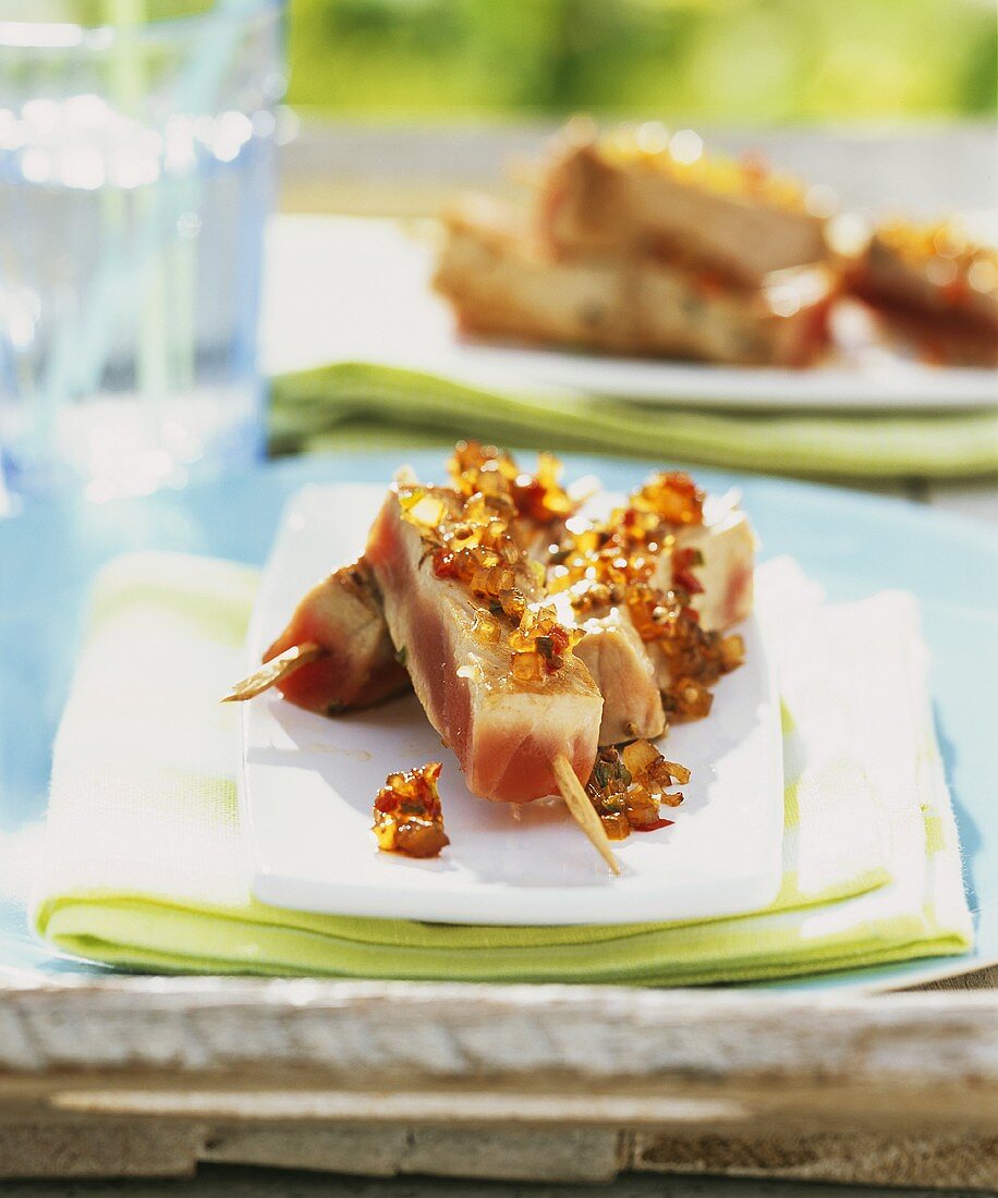 Tuna kebab with ginger and sesame marinade