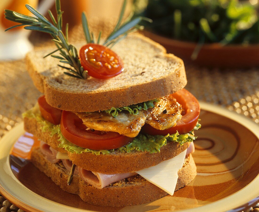 Sandwich mit Putenfleisch, Schinken und Käse