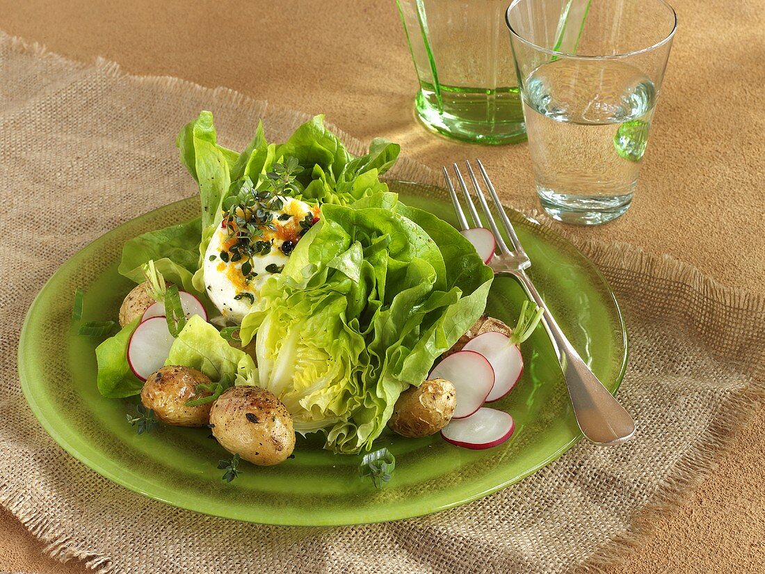 Blattsalat mit gebackenen Kartoffeln und Ziegenfrischkäse