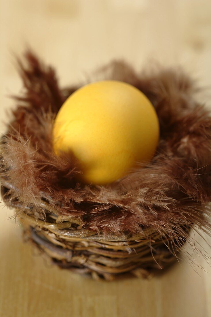 A yellow Easter egg in small basket with feathers