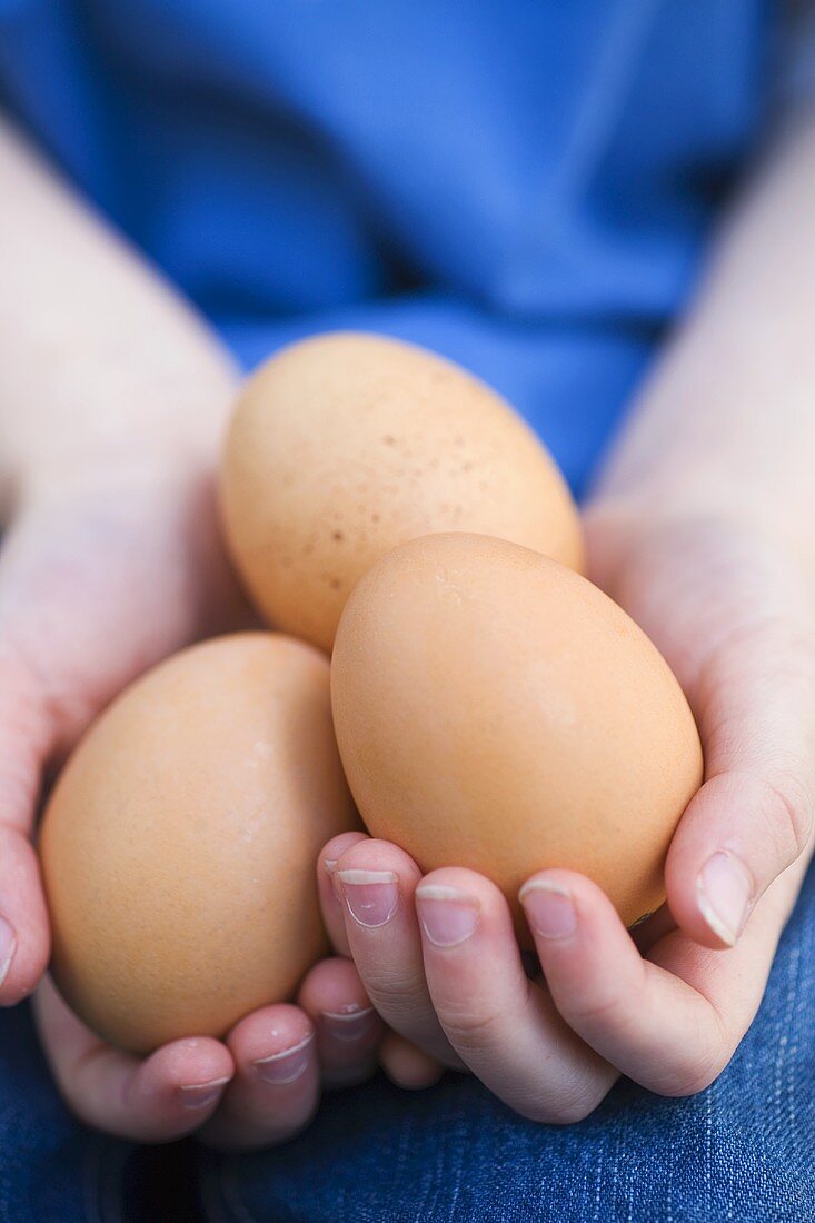Drei Eier liegen in Kinderhänden